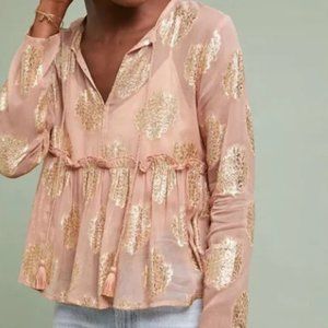 Meadow Rue Anthropologie Pink and Gold Medallion Foil Peplum Blouse (SIZE 14)
